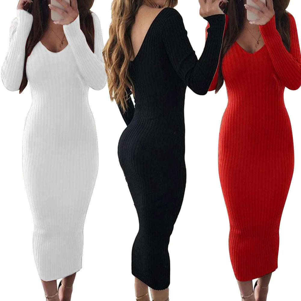 Sexy Women Dress Winter 2020 Knit Sweater Long Sleeve V Neck Backless Ribbed  Slim Knitted Midi Dress Sweater Dress Korean Dress - Seprincess