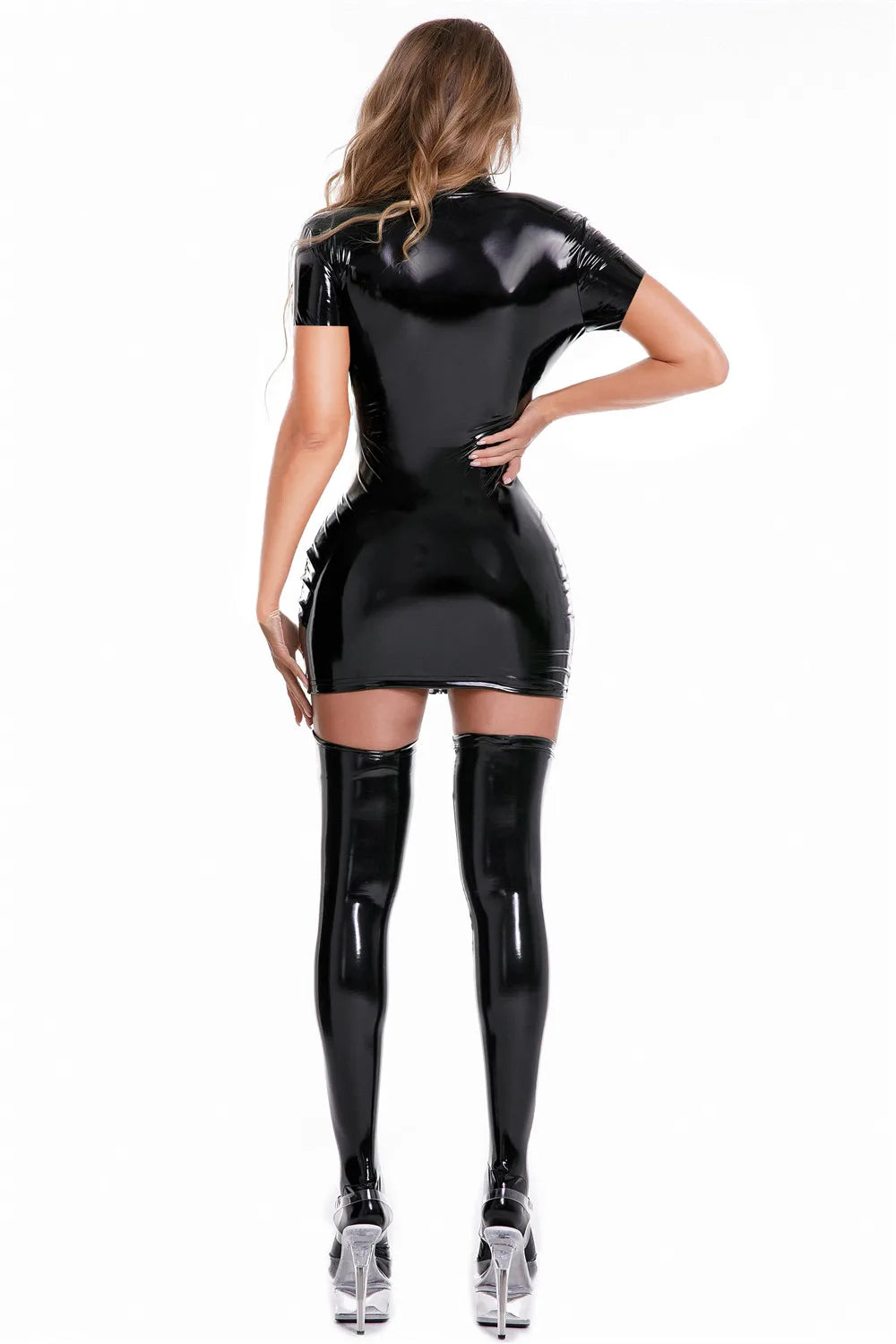 Sexy PVC Shiny Wet Look Micro Mini Dress Zipper Open Hollow Out Punk Dance Dress Latex PU Faux Leather Elastic Bodycon Dres - Seprincess