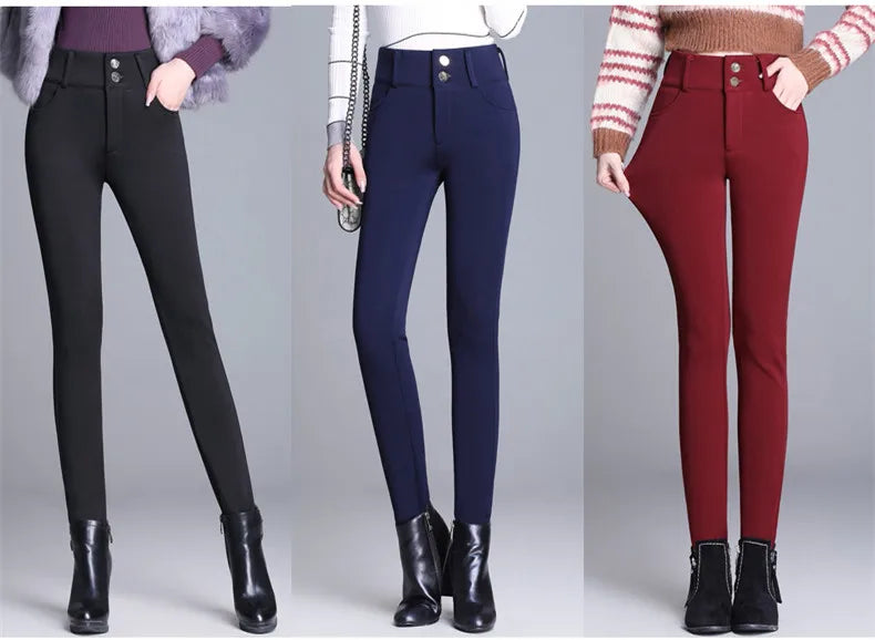 Winter Velvet Thick Warm Pants For Women Skinny Stretch Fleece Pencil Pants High Waist Solid Black Blue Trousers Female