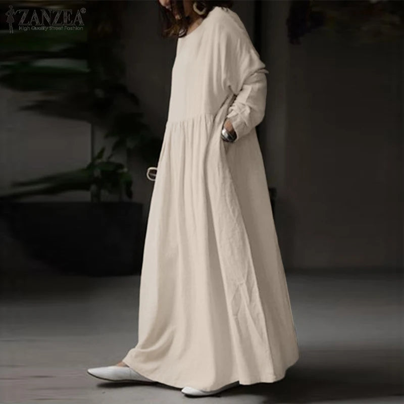 Autumn Women Sundress ZANZEA 2023 Vintage Solid Dresses Female Cotton Robe Casual Long Sleeve Pleated Maxi Vestidos Kaftan - Seprincess