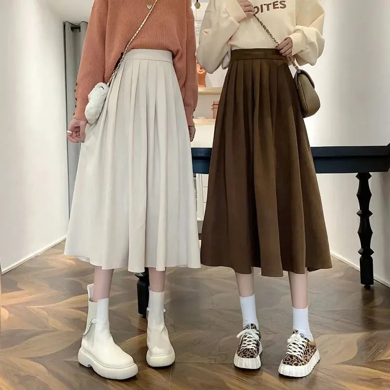 Lucyever Vintage Brown High Waist Pleated Skirt Women Korean Fashion College Style Long Skirt Ladies Autumn Casual A line Skirts - Seprincess