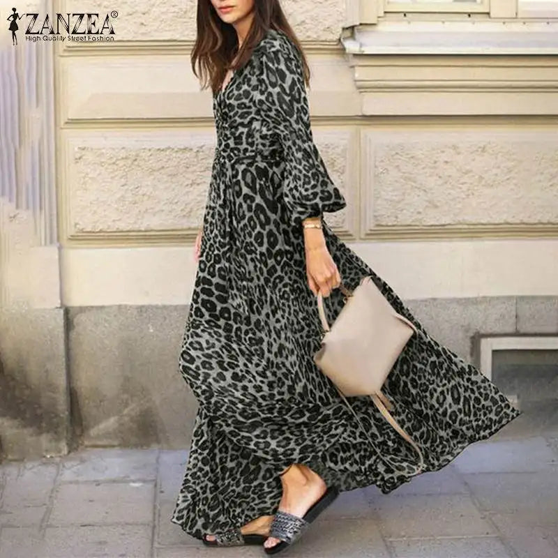 Vintage Women Long Sleeve Leopard Dresses ZANZEA Autumn Sundress Fashion Maxi Long Dress Party Vestidos Female V Neck Print Robe - Seprincess