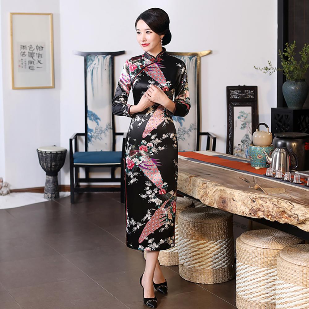 Women Chinese Traditional Dress Peacock Flower Print Long Split Bodycon Dress Cheongsam Stage Show Midi Slim Women Dress - Seprincess