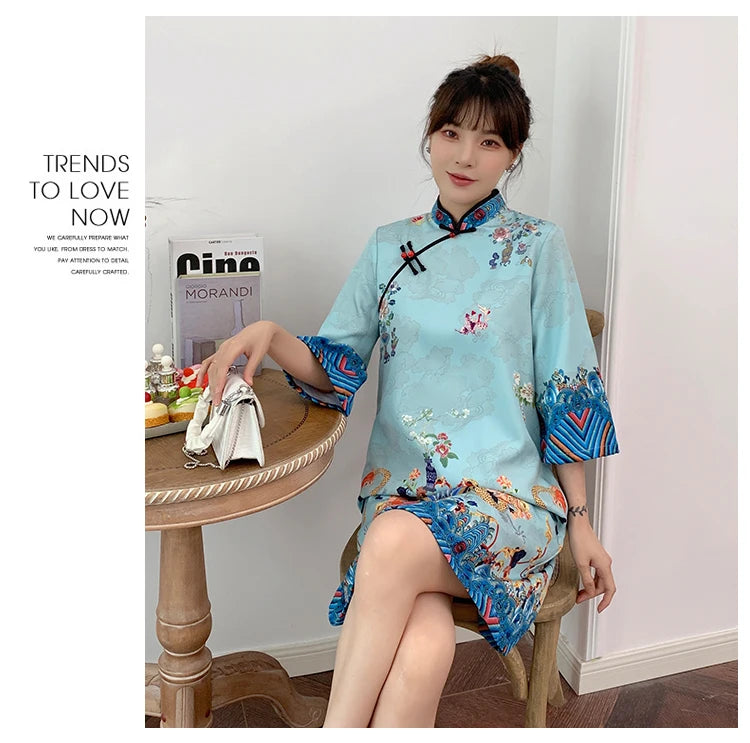 Ins Red Blue Loose 2021 New Fashion Modern Chinese Cheongsam A-line Dress Women 3/4 Sleeve Qipao Traditional Chinese Clothes - Seprincess