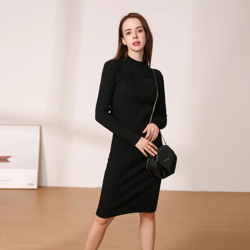 Midi Dress 2024 Winter Knitted Sweater Casual Women's Dresses Ladies Clothing Clothes Korean Fashion Robe Elegant Black Tight - Seprincess