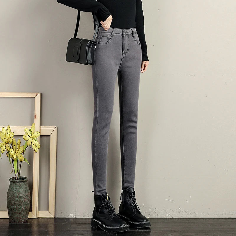 Women Stretch High Waist Skinny Warm Thick velvet Jeans Lady Mom Cotton Pants Student Winter Pencil Trousers clothes 38 40