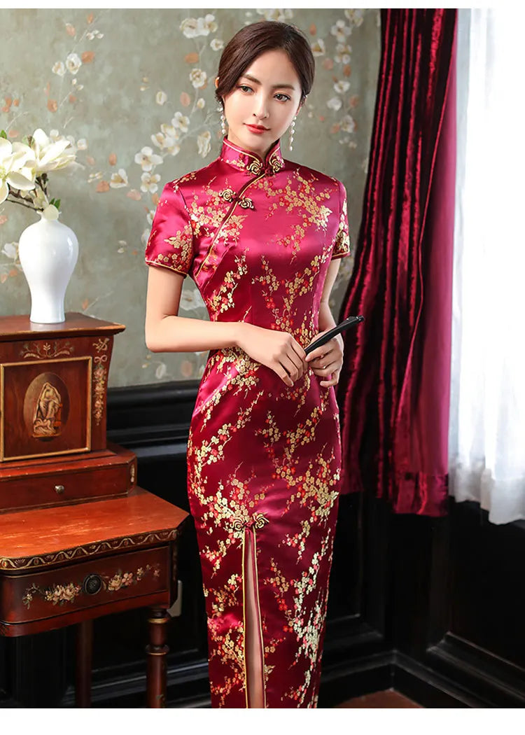 Summer New Women Sexy Cheongsam Elegant Vintage Mandarin Collar Chinese Dress Long Satin Flower Qipao Split Vestidso - Seprincess