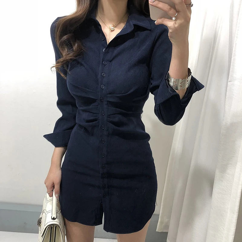 Dresses for Women French Retro Shirt Tight Bottoming Dress Female Autumn and Winter Slim Package Hip Single-breasted Pure Dress - Seprincess