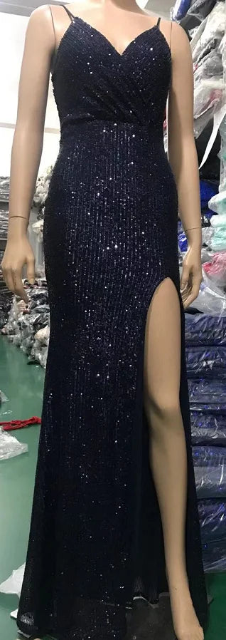 Sexy Sequined Evening Dress Robe De Soiree 2021 V-Neck Sleeveless Backless Mermaid Long Robe Side Slit Off Shoulder Party Dress