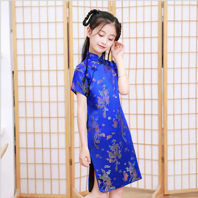 Lovely Girls Silky Satin cheongsam Dress Cute Princess Girls Dresses Kids Party Ball Gown Dress New Year cheongsam Clothing - Seprincess