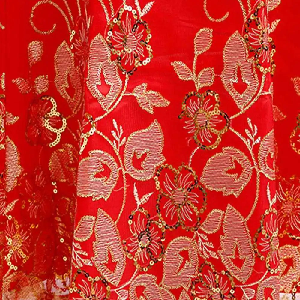 Female Long Short Sleeve Cheongsam Gold Sequin and Embroidery Chinese Traditional Dress Women Qipao Red Chinese Wedding Dress - Seprincess