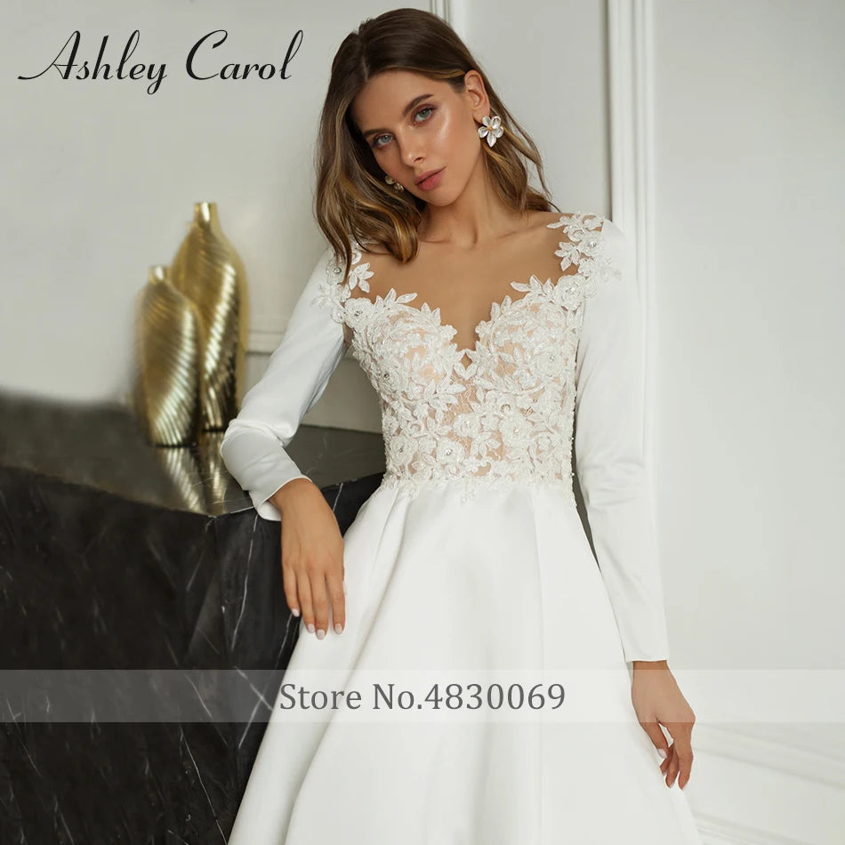 Ashley Carol Long Sleeve Wedding Dresses For Women 2024 Satin Beading Button Princess Sexy A-Line Wedding Gown Vestidos De Novia - Seprincess