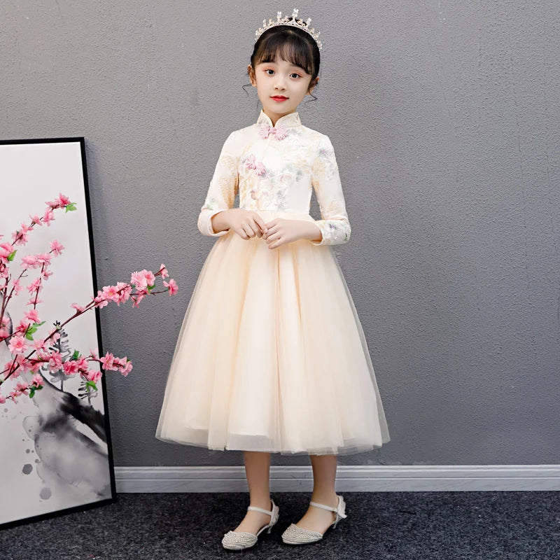 Cute Flower Girls Dresses Kids Chinese Embroidery Lace Cheongsam Dress Baby Girls Elegant Traditional Chinese New Year Dress