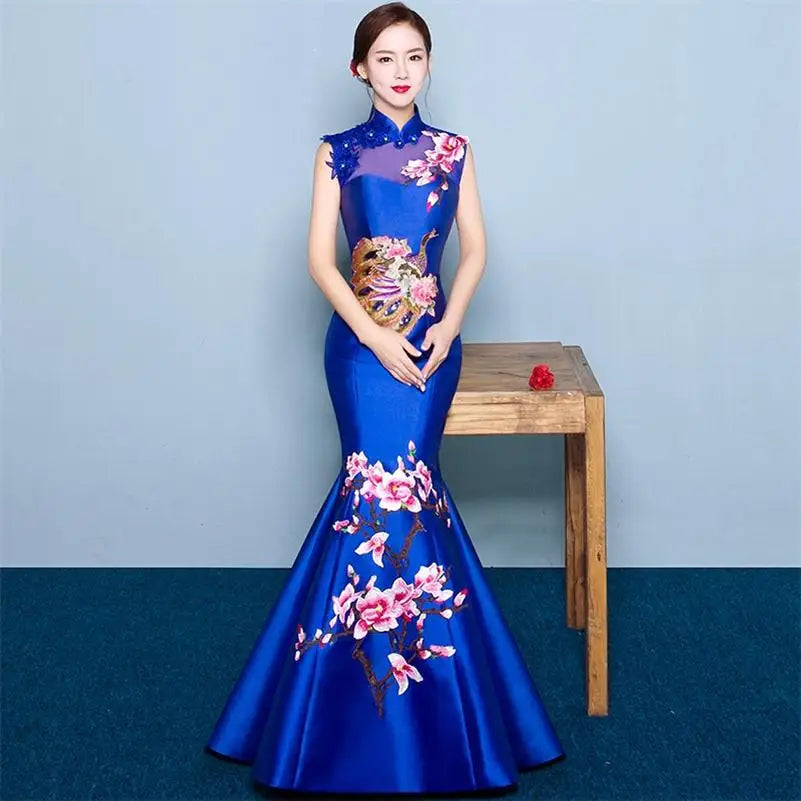 Oriental Evening Dress Chinese Style Fashion Peacock Embroidery Qipao Sexy Long Mermaid Cheongsams Vestidos S-XXL - Seprincess