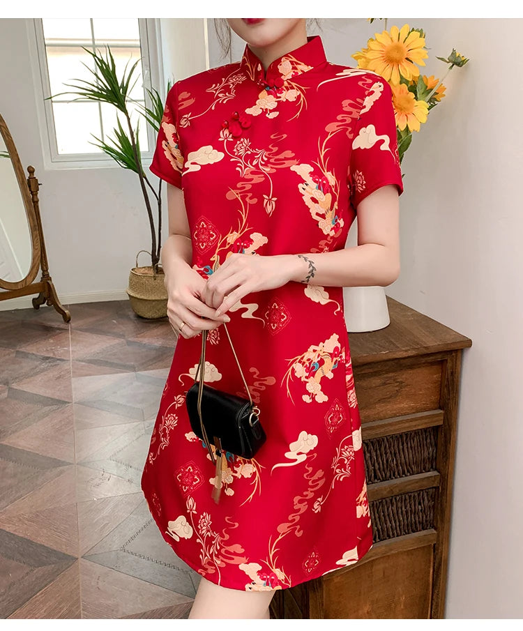 M-4XL 2022 New Year Red Summer Trend Street Fashion Modern Cheongsam A-line Dress Women Qipao Traditional Chinese Clothes - Seprincess