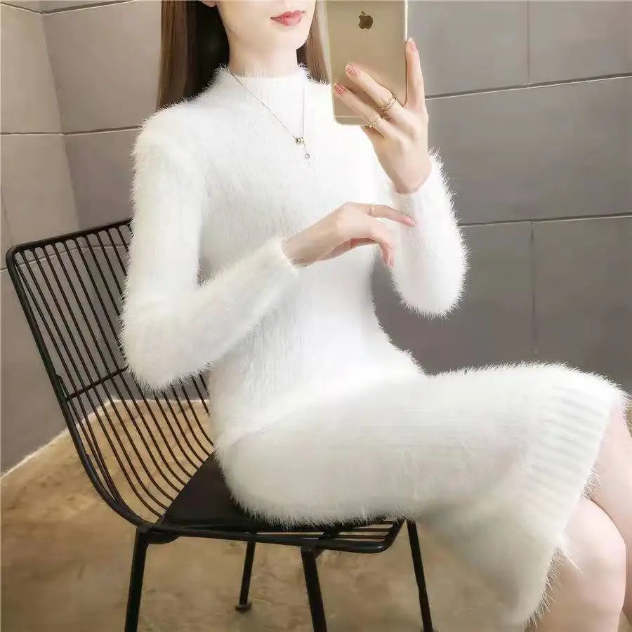 Women's Winter Clothing 2024 Imitation Mink Wool Thick Warm Turtleneck Sweater Dress Sheath Bodycon Dresses For Women Casual - Seprincess