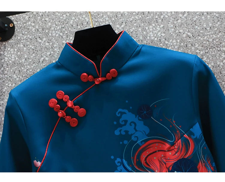 2022 New Year Blue Elegant Party Fashion Modern Cheongsam Dress Women Short Sleeve Qipao Traditional Chinese Clothes - Seprincess