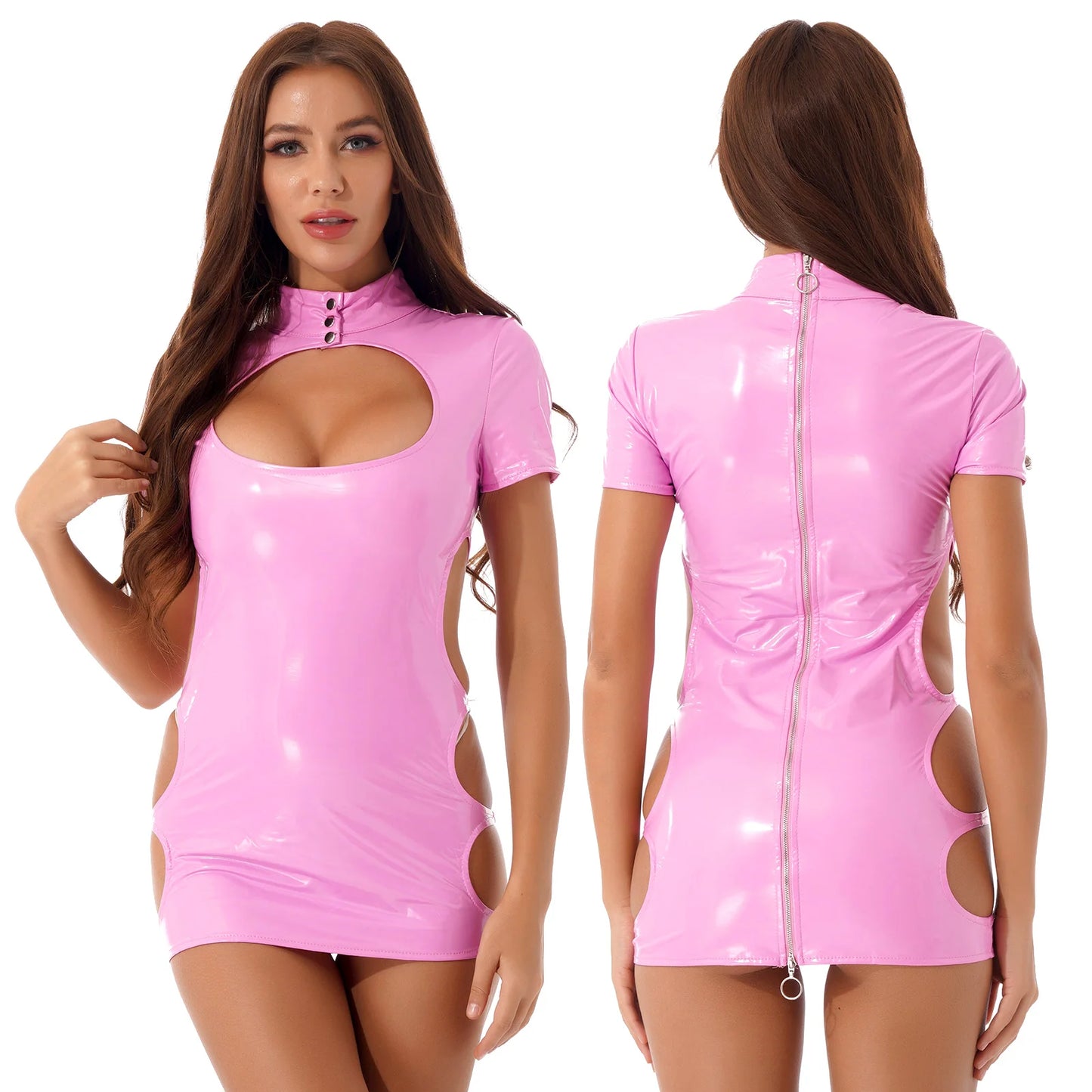 Womens Sexy Ladies Wet Look Costume Pole Cocktail Leather Bare Breast Mini Dress PVC Latex Short Sleeve Back Zipper Clubwear - Seprincess