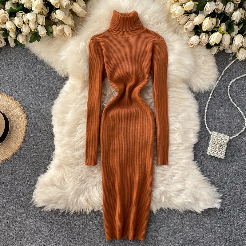 Dresses for Women 2022 Sexy Turtleneck Knitted Bodycon Dress Women Autumn Winter Long Sleeve Sweater Dress - Seprincess