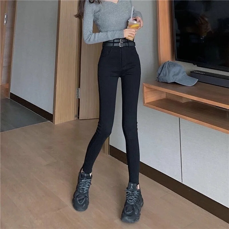 Woman Jeans Pants Black Ankle Tight Pencil Pants Autumn High Waist Tight Elastic Double Waist Head Pantalones Vaqueros Mujer