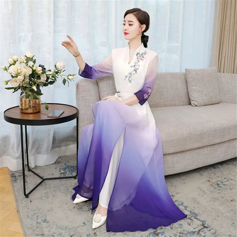 Top 2021 New Elegant Chinese Style V-Neck Slim Gradient Color Three-Quarter Sleeve Long Temperament Dress Qipao Lady Robes y1458 - Seprincess