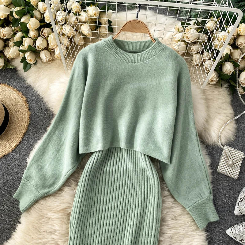 autumn Korean style clothes Two piece dress set Winter fall 2024 fashion women clothing new knitted knit long sleeves sweaters