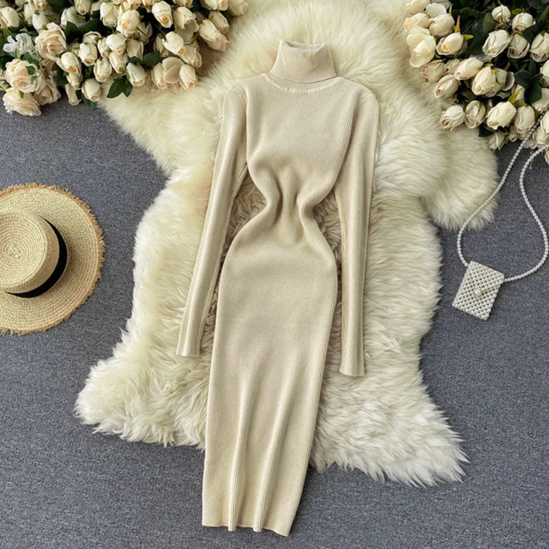 Dresses for Women 2022 Sexy Turtleneck Knitted Bodycon Dress Women Autumn Winter Long Sleeve Sweater Dress - Seprincess