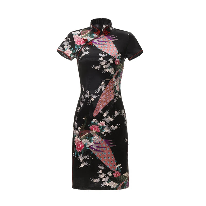 Black Dragon&phoenix Female Short Qipao Large Size 3XL Classic Cheongsam For Women Vestidos Mandarin Collar Slim Chinese Dress - Seprincess