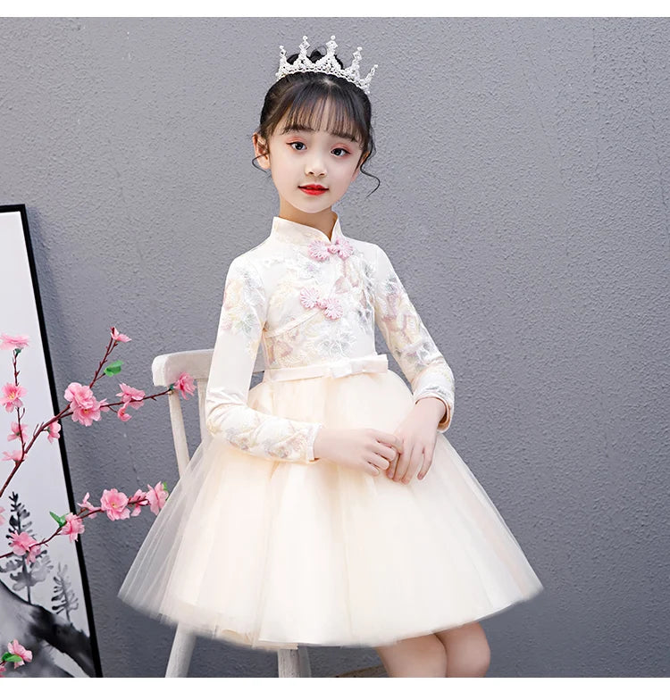 Cute Flower Girls Dresses Kids Chinese Embroidery Lace Cheongsam Dress Baby Girls Elegant Traditional Chinese New Year Dress - Seprincess