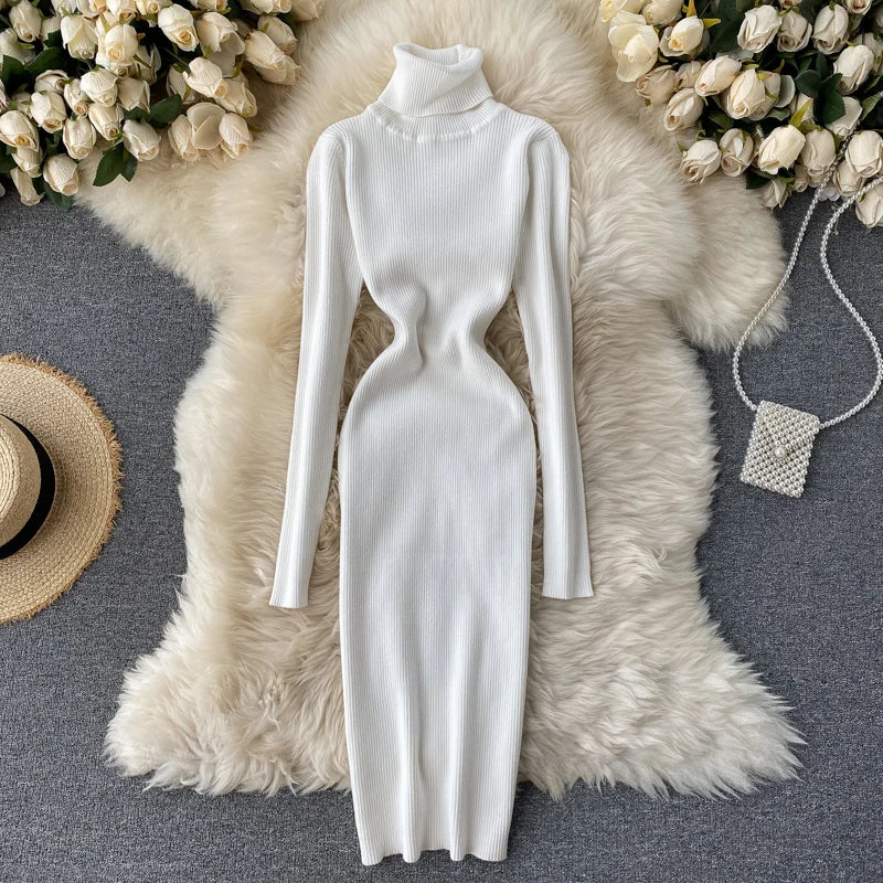 Dresses for Women 2022 Sexy Turtleneck Knitted Bodycon Dress Women Autumn Winter Long Sleeve Sweater Dress - Seprincess