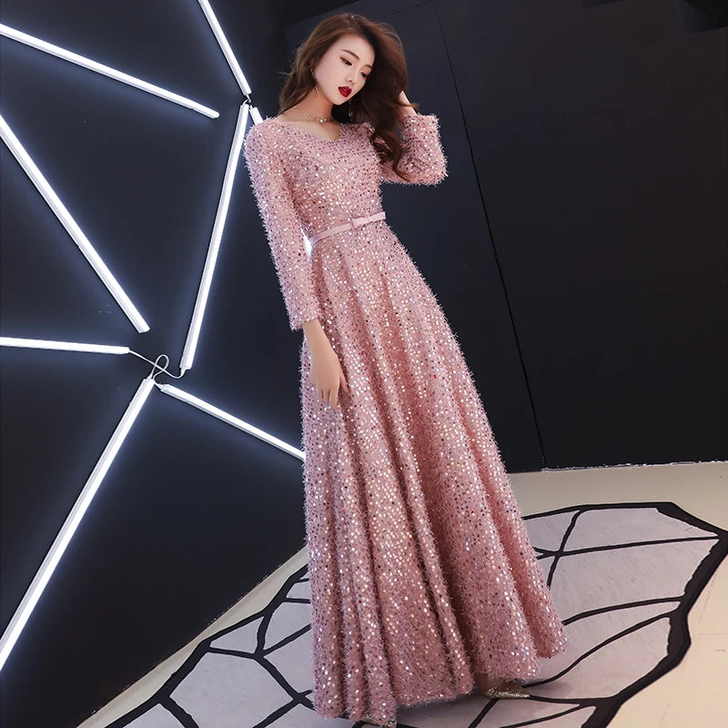 2021 Elegant Pink Feathers Long Evening Dress with Long-sleeve Shiny Sequin Lace Up Floor-Length Formal Gowns New Party Dresses - Seprincess