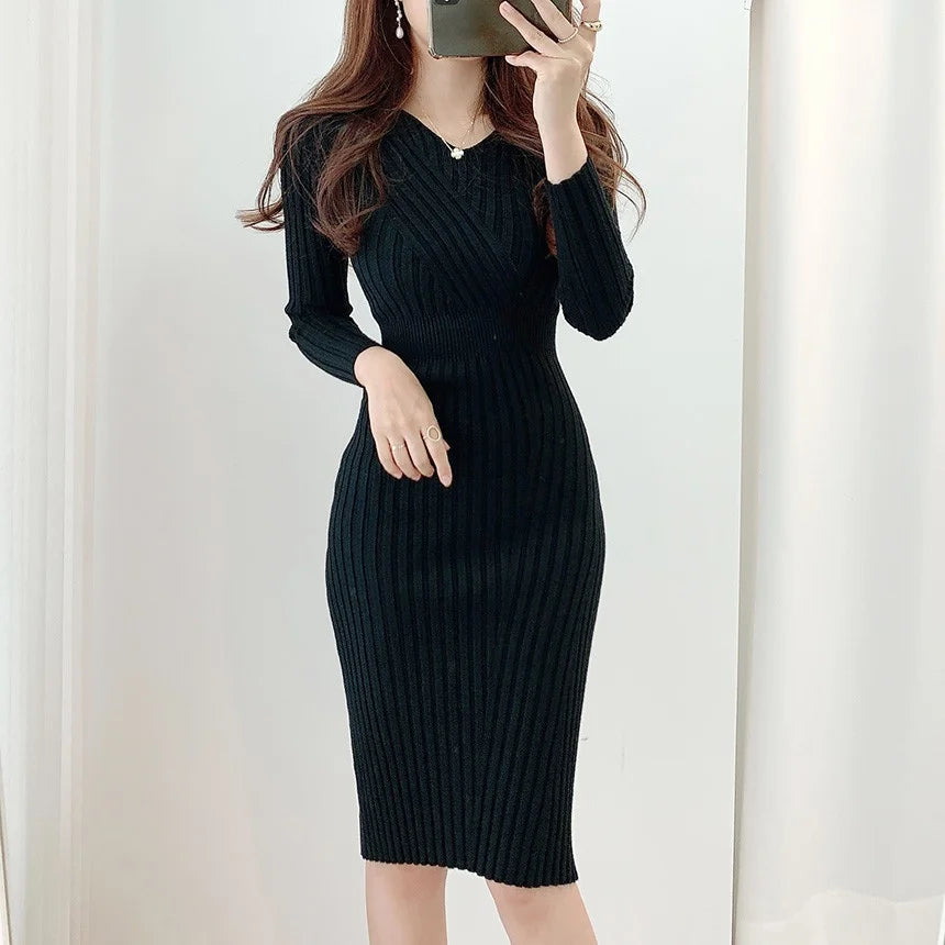 Vintage Long Sleeve Knitted Dresses for Women Party Robe Female Autumn 2021 Retro V-neck Bodycon Dress Korean Slim Waist Vestido - Seprincess