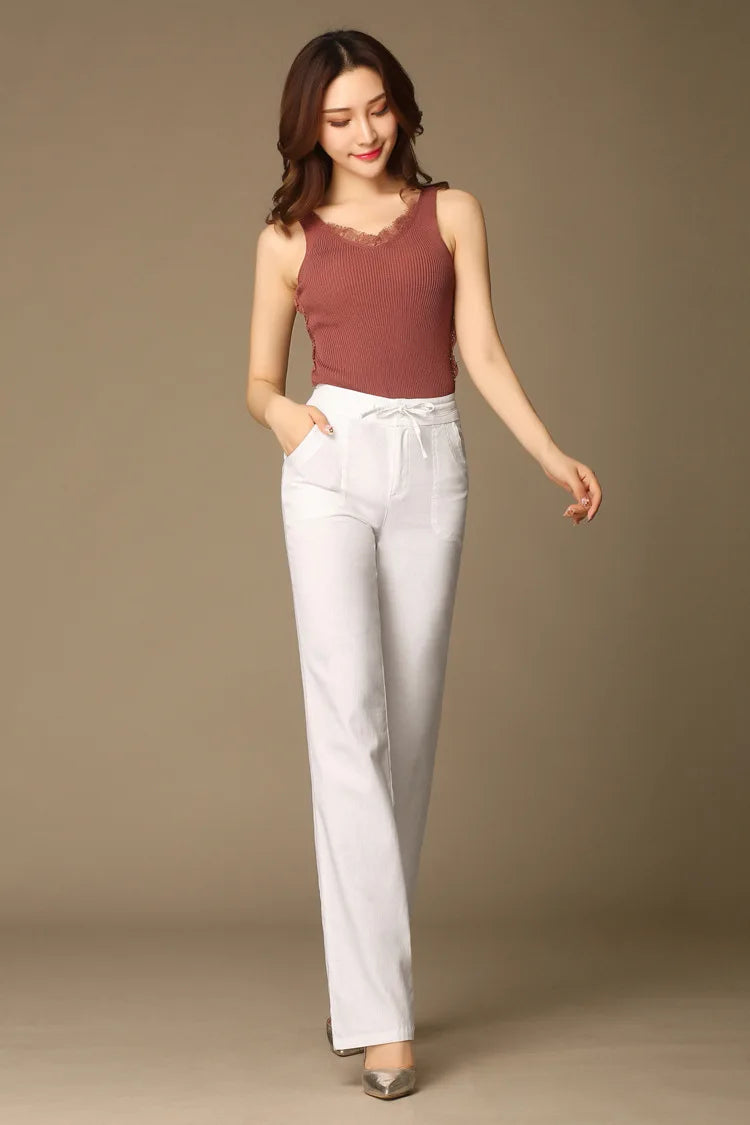 Women Drawstring Casual Cotton Linen Pants Solid White Black Khaki Breathable Summer Thin Straight Leg Loose Trousers S 4XL