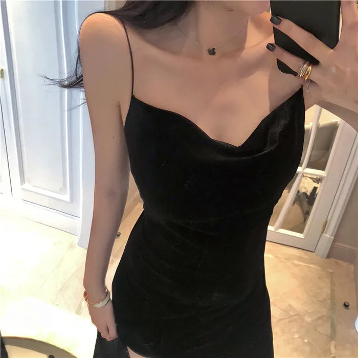 New 2022 Vintage Women Dress Spaghetti Strap Slit Velvet Black Dress Sexy Bodycon Bandage Dress Midi Party Dress Verano Vestidos - Seprincess