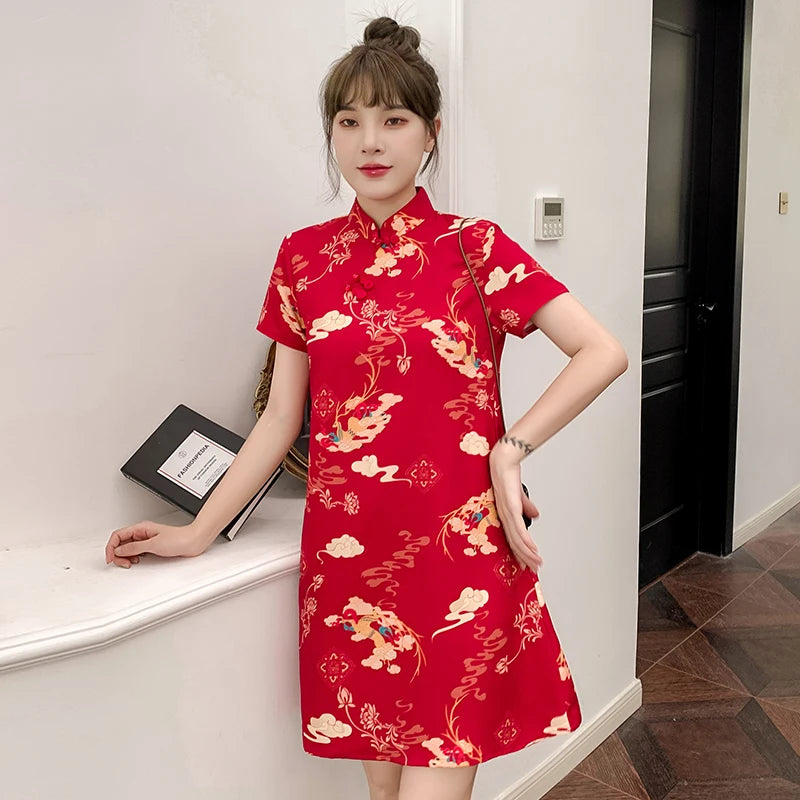 M-4XL 2022 New Year Red Summer Trend Street Fashion Modern Cheongsam A-line Dress Women Qipao Traditional Chinese Clothes - Seprincess