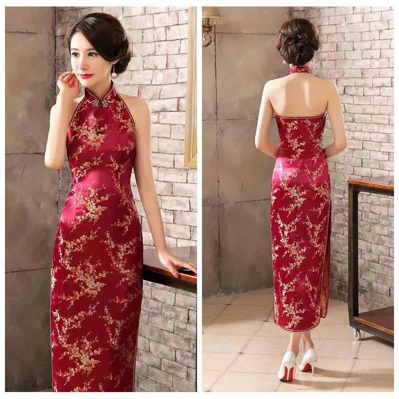 Navy Blue Mandarin Collar Women Chinese Dress Backless Long Satin Qipao Vintage Button Sexy Cheongsam Novelty Stage Show Clothes