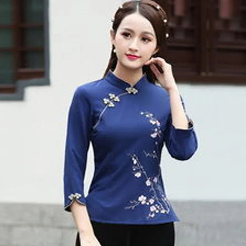 Cheongsam Women's Plus Size Tops 2024 Summer New Fashion Cotton Manual Embroidery Stand Collar Chinese Style Qipao Shirts Woman - Seprincess