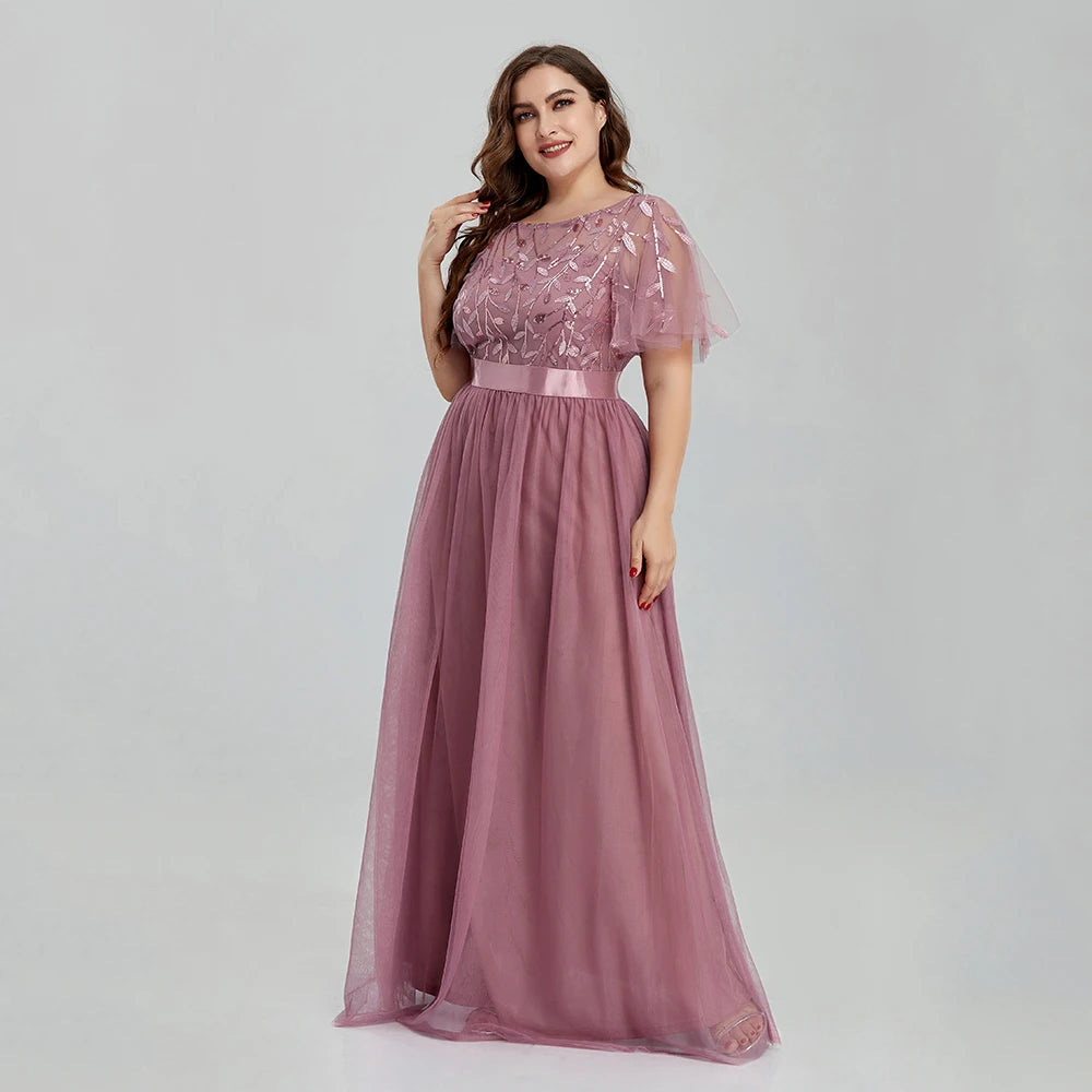 Women's Plus Size Mesh A-Line Sequin Embroidery Evening Dress Leaf  Maxi Prom Dress With Sleeves For Wedding Dress 2022 - Seprincess