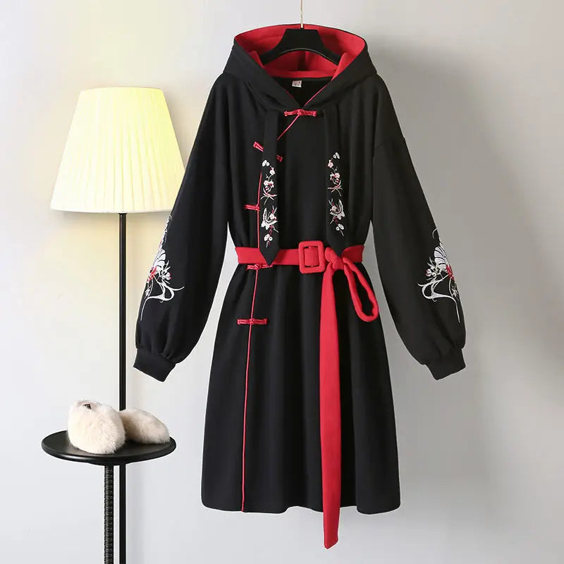 Winter Plus Size Dress Women's Chinese Traditional Style Hanfu Cheongsam Embroidered Tang Suit Hooded Sweatshirt Vestidos - Seprincess