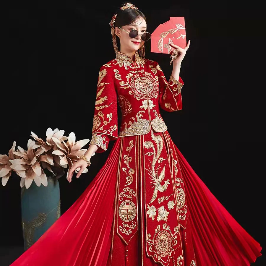 Modern Cheongsam Top + Skirt Suit Red Qipao Long Chinese Traditional Wedding Dress Oriental Style Xiuhefu Dresses - Seprincess