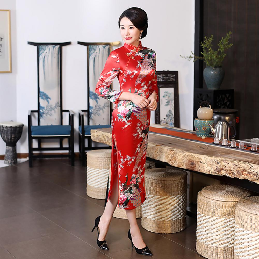 Women Chinese Traditional Dress Peacock Flower Print Long Split Bodycon Dress Cheongsam Stage Show Midi Slim Women Dress - Seprincess