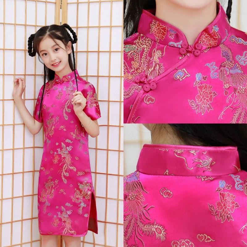 Lovely Girls Silky Satin cheongsam Dress Cute Princess Girls Dresses Kids Party Ball Gown Dress New Year cheongsam Clothing - Seprincess