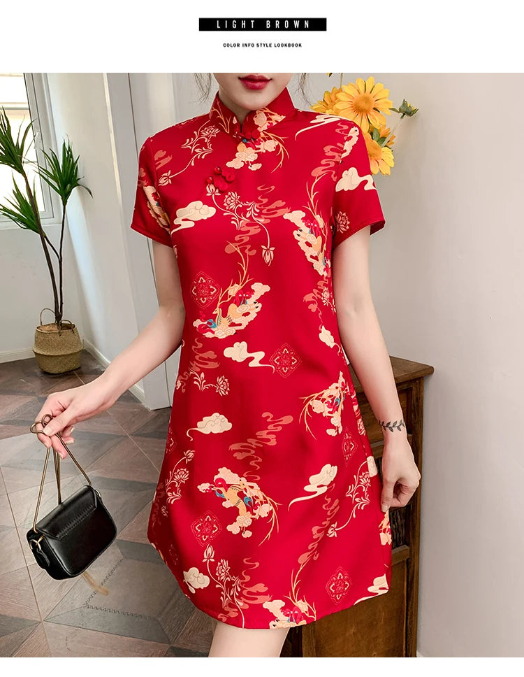 M-4XL 2022 New Year Red Summer Trend Street Fashion Modern Cheongsam A-line Dress Women Qipao Traditional Chinese Clothes - Seprincess