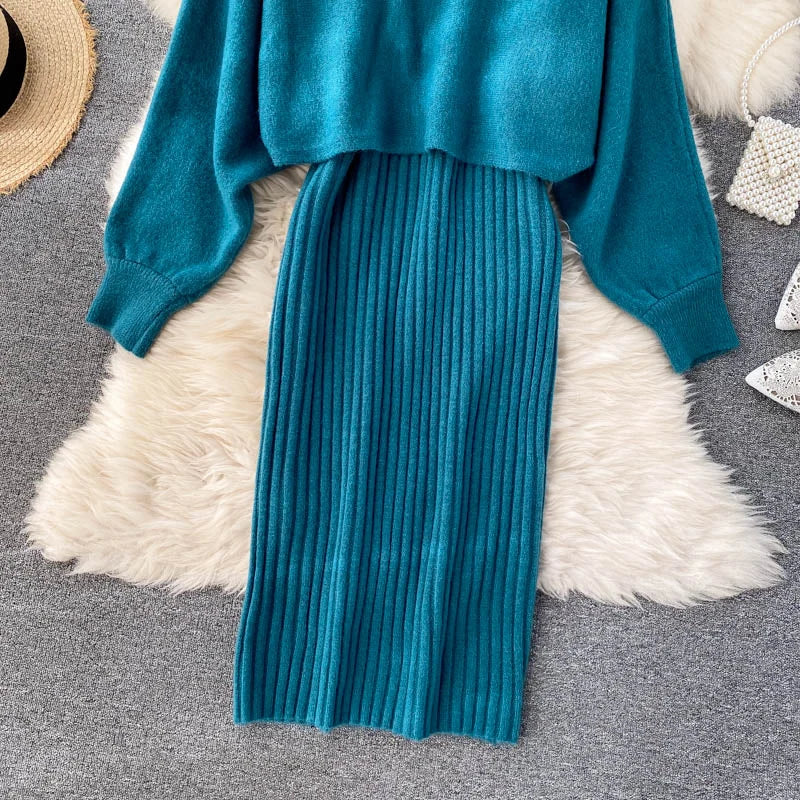 autumn Korean style clothes Two piece dress set Winter fall 2024 fashion women clothing new knitted knit long sleeves sweaters - Seprincess