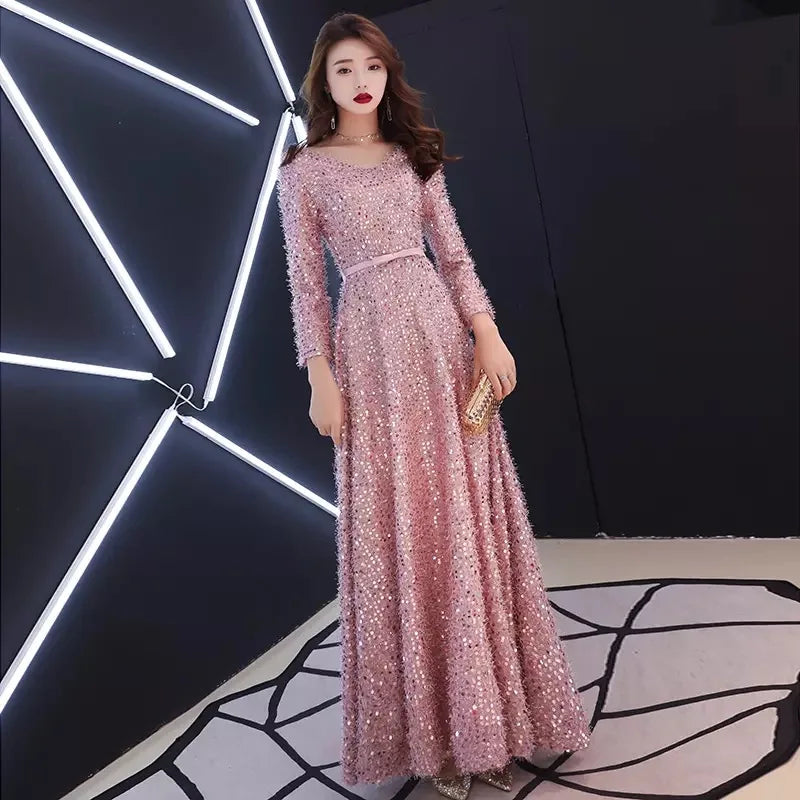 2021 Elegant Pink Feathers Long Evening Dress with Long-sleeve Shiny Sequin Lace Up Floor-Length Formal Gowns New Party Dresses - Seprincess