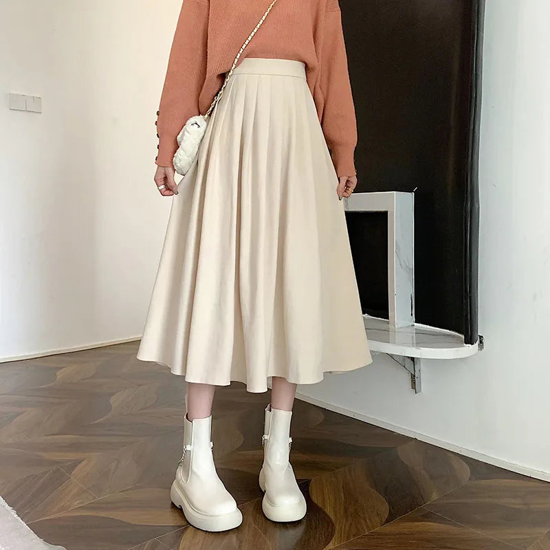 Lucyever Vintage Brown High Waist Pleated Skirt Women Korean Fashion College Style Long Skirt Ladies Autumn Casual A line Skirts - Seprincess