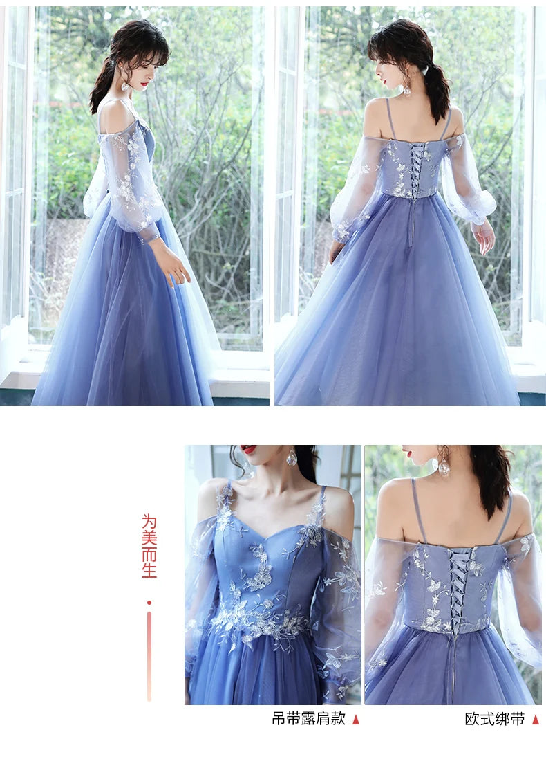 Sweet Memory 2025 Women Blue Bridesmaid Dresses Tea Length Appliques Lace Flowers Mismatched With Sleeves Wedding Party Dress - Seprincess