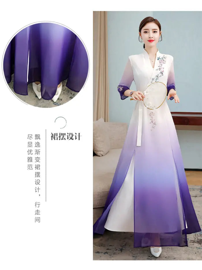 Top 2021 New Elegant Chinese Style V-Neck Slim Gradient Color Three-Quarter Sleeve Long Temperament Dress Qipao Lady Robes y1458