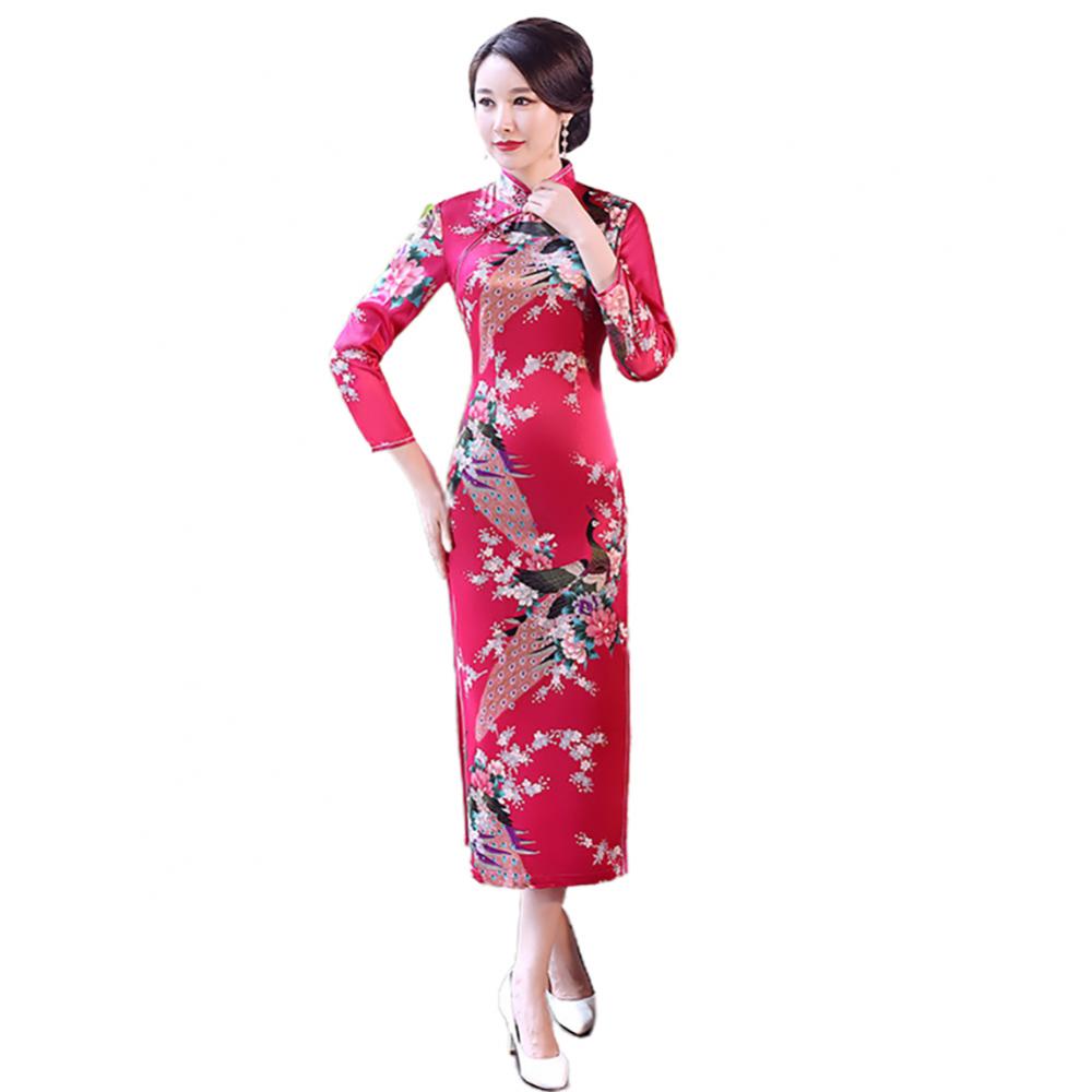 Women Chinese Traditional Dress Peacock Flower Print Long Split Bodycon Dress Cheongsam Stage Show Midi Slim Women Dress - Seprincess