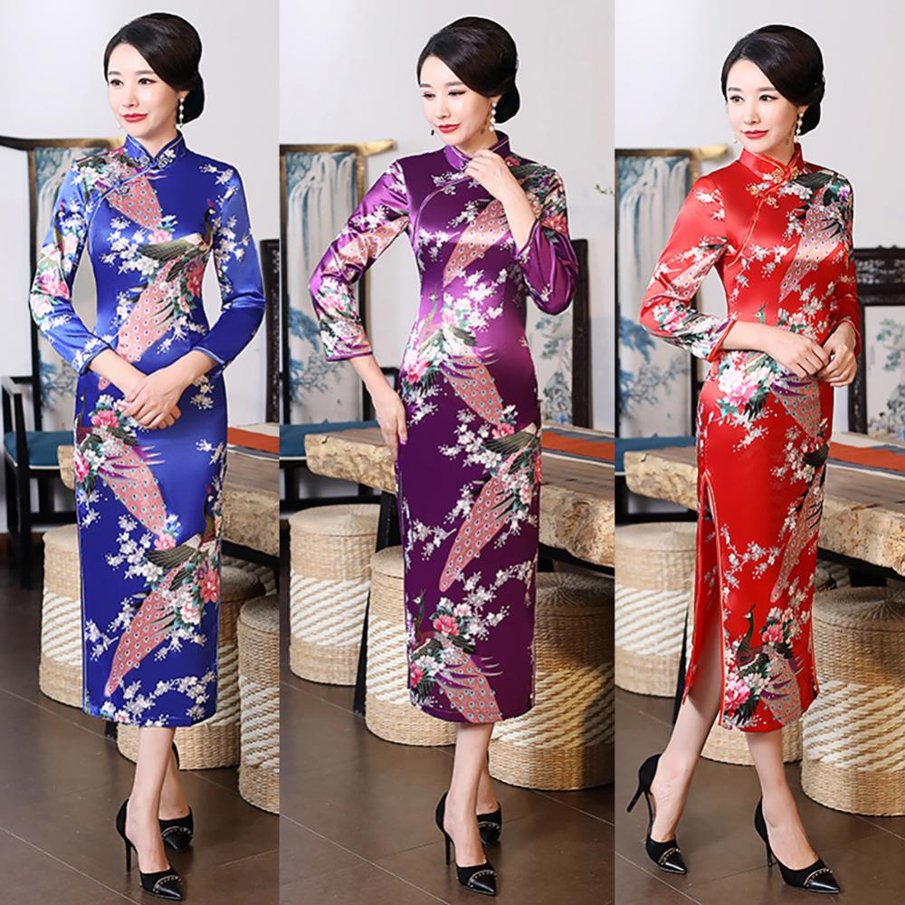 Women Chinese Traditional Dress Peacock Flower Print Long Split Bodycon Dress Cheongsam Stage Show Midi Slim Women Dress - Seprincess